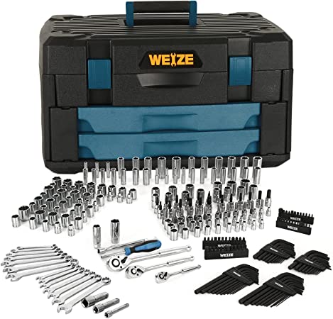 WEIZE 270-Piece Mechanic Tool Set with 2-Drawer Storage Box - SAE and Metric Socket, 1/4", 3/8" and 1/2" Drive Size Mechanics Tool Kit