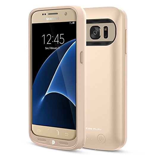 Galaxy S7 Battery Case, Press Play Charging Battery Pack for Samsung Galaxy S7 - 5000mAh Extended Battery Fast Charger [Quick Charge Compatible] Protective Case Power Pack Juice Bank - Gold