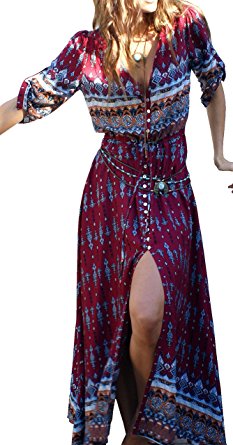 R.Vivimos Women Summer Print V Neck Maxi Dresses