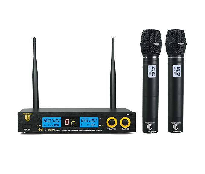 PRORECK MX7 Dual Channel Handheld Wireless Microphone System Receiver Karaoke Machine with LCD Display for Party/Wedding/Church/Conference/Speech (600.5 & 653.1MHz)