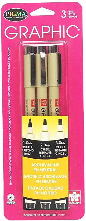 Sakura 38881 3-Piece Pigma Blister Card Graphic Ink Pen Set, Black