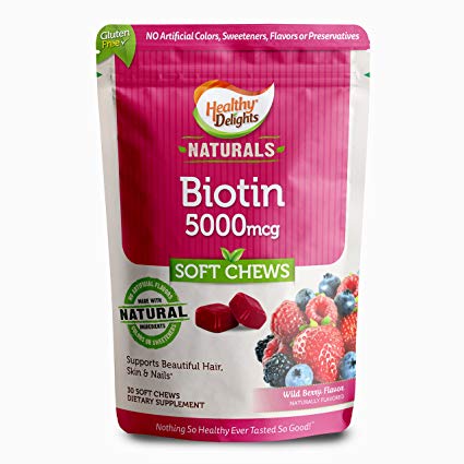 Healthy Delights Naturals, Biotin Soft Chews, Support and Nourishment for Lustrous Hair, Glowing skin, Strong nails, With 5,000 mcg of Biotin, Delicious Wild Berry Flavor, 30 Count