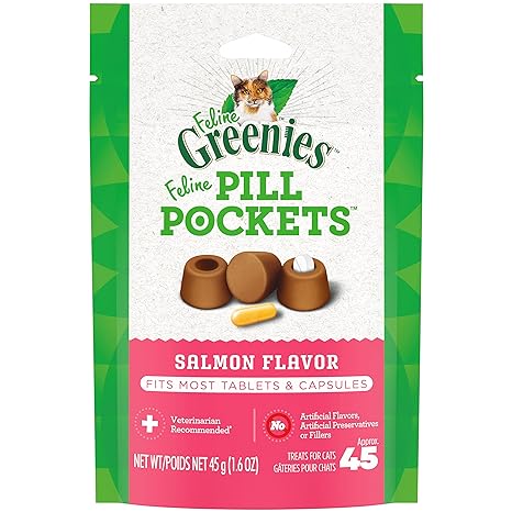 FELINE GREENIES PILL POCKETS Cat Treats, Salmon, 45 Treats, 1.6 oz. With Natural Ingredients Plus Vitamins, Minerals, And Other Nutrients