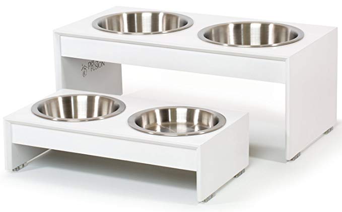PetFusion [New] Elevated Dog Bowls in Water Resistant Bamboo (Tall 8"). 2 US Food Grade Stainless Steel 56 oz Bowls