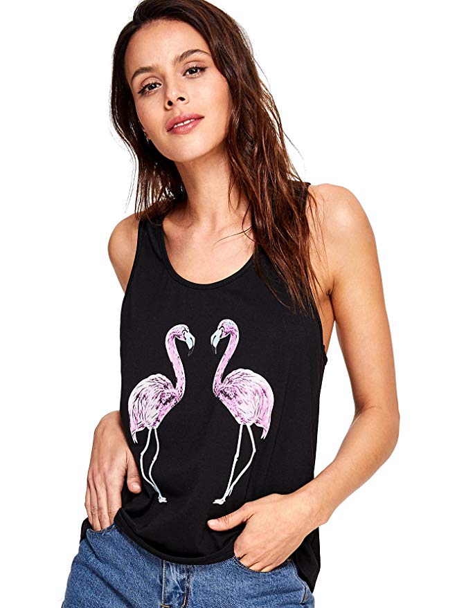 Romwe Women's Casual Flamingo Print Racerback Tank Basic Top