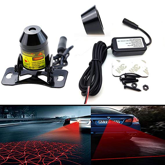 LEADTOPS Anti Collision Rear-end Car Laser Tail Fog Light Auto Brake Parking Lamp Rearing Warning Light Motorcycle Double Heads （Grid and Straight Line）