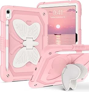 DUEDUE for iPad 10th Generation 10.9 inch 2022 Case, Butterfly Wings Kickstand 3D Heavy Duty Rugged Shockproof Full Body Protective Tablet Case for iPad 10.9 Inch 10th Gen for Kids, Beige/Pink