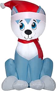 Cute Husky Dog in Santa Hat 3.5ft Christmas Yard Inflatable, white, blue