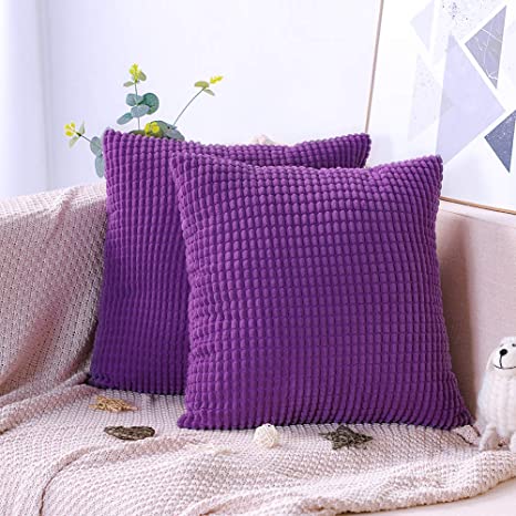 Artscope Pack of 2, Soft Corduroy Solid Color Cushion Covers Big Corn Decorative Square Pillowcases Throw Pillow Covers for Sofa Chair Bedroom Car 45x45cm/18x18 Inch (Purple)