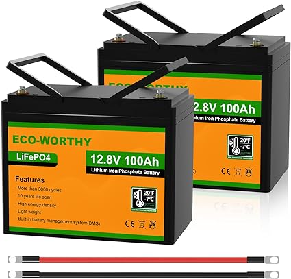 ECO-WORTHY (2 pack) 12V 100Ah LiFePO4 Lithium Iron Phosphate Batteries with Built-in BMS, Up to 15000  Life Cycles Deep Cycle Rechargeable Battery Perfect for RV, Marine, Motorhome, Household Battery