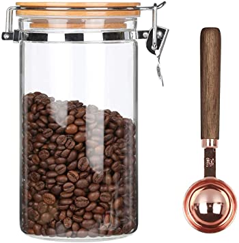 KKC Borosilicate Glass Coffee Bean Storage Container with Airtight Lid,Glass Sealed Jar with Locking Clamp Lid for Coffee Beans,Nuts,Coffee Storage Canister with Spoon,40 FLoz