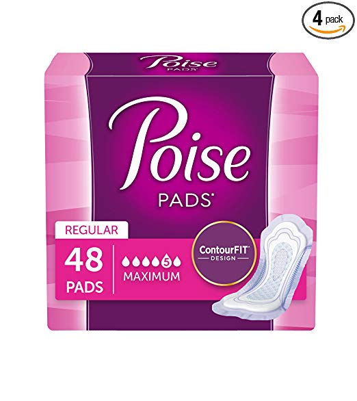 Poise Incontinence Pads, Maximum Absorbency, Regular, 48 Count Pack of 4, Packaging May Vary