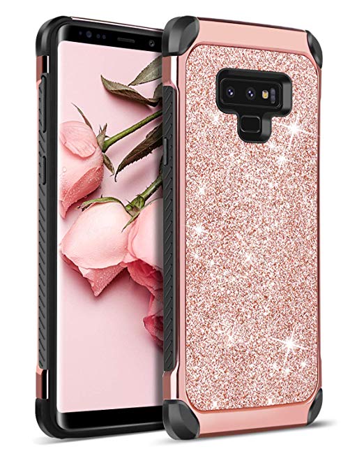 Note 9 Case, BENTOBEN Galaxy Note9 case 2 in 1 Bling Glitter Shockproof Two Layer Slim Protective Shiny Girl Women Faux Leather Hard Case Full Body Soft Bumper Phone Cover for Galaxy Note 9, Rose Gold