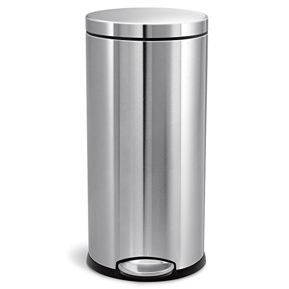 simplehuman 30 Liter / 8 Gallon Stainless Steel Round Kitchen Step Trash Can, Brushed Stainless Steel