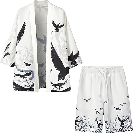 PRIJOUHE Mens Japanese Kimono Coat Suits Loose Open Front Seven Sleeve Kimono Cardigan Jacket with Shorts