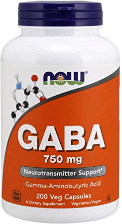 NOW Supplements, GABA (Gamma-Aminobutyric Acid) 750mg, Neurotransmitter Support*, 200 Veg Capsules