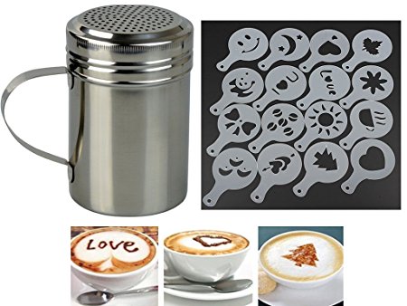 FiNeWaY@ STAINLESS STEEL CHOCOLATE SHAKER DUSTER   16 CAPPUCCINO COFFEE BARISTA STENCILS