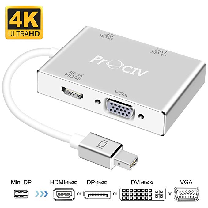 Mini DisplayPort to HDMI/DVI/DP 4K VGA Adapter, ProCIV Mini DP (Thunderbolt) 4-in-1 Adapter Converter for MacBook Air/MacBook/MacBook Pro/Microsoft Surface Pro/Pro 2/3