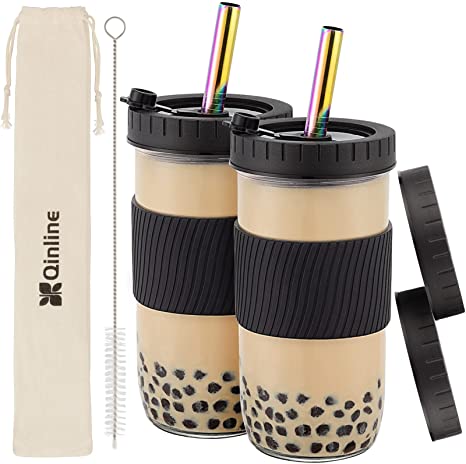 Reusable Boba Cup Bubble Tea Cup 2 Pack, 24Oz Wide Mouth Smoothie Cups with Lid, Silicone Sleeve & Angled Wide Straws, Leakproof Glass Mason Jars Drinking Water Bottle Travel Tumbler for Large Pearl