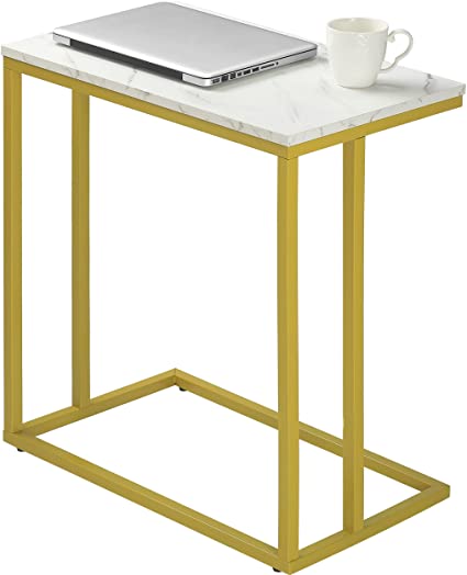 PrimeZone C Shaped Side Table - Faux Marble Wide End Table for Sofa Couch & Living Room, TV Tray Table, 23" W x 13.5" D x 27" H, Gold Frame