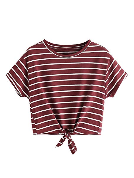 Romwe Women's Knot Front Cuffed Sleeve Striped Crop Top Tee T-Shirt