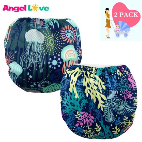Baby Swim Diapers(Pack of 2), ANGEL LOVE Baby 2PCS Pack Cloth Swimming Diaper, Potty Training Pants, Reusable Washable And Adjustable, Fit babies 0-2 Years, All in one size (SWD0506)