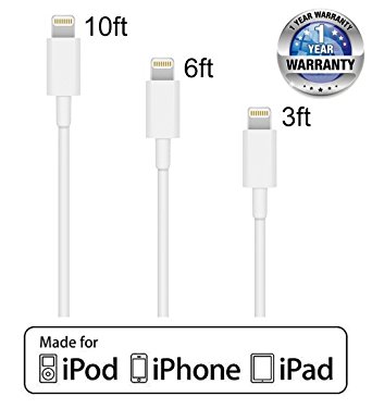 Lightning Cable, Aasama 3 Pack 3 / 6 / 10 Feet 8 Pin to USB Sync and Charging Cord for iPhone, iPad, iPod (White)