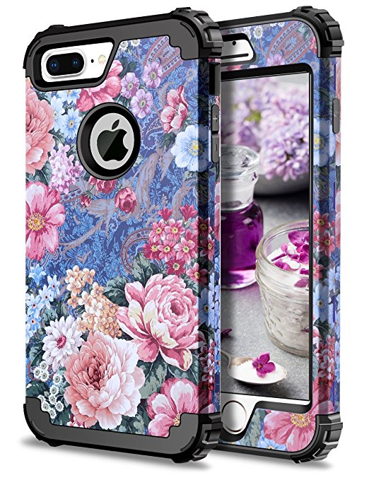 iPhone 7 Plus Case iPhone 8 Plus Case,HoneyAKE Heavy duty Protection Shockproof Military Silicone Bumper Flowers floral Shell case Armor High Impact Resistant Protective Cover Case for iPhone 7 8 Plus