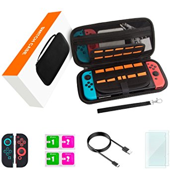 Nintendo Switch Case, Switch Accessories, Includes Carrying Case, Glass Screen Protectors, Joy-Con Skins, Charging Cable, Wipes, Hard Shell, 29 Games & 2 Micro SD Holders, Starter Kit, Black