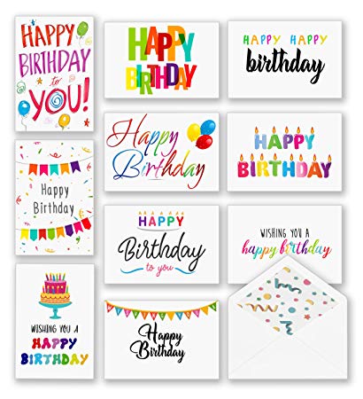 100 Happy Birthday Cards, Large Assorted Greeting Notes with Envelopes and Stickers, 10 Unique Designs, 5x7 Inch, Thick Card Stock Bulk Box Set
