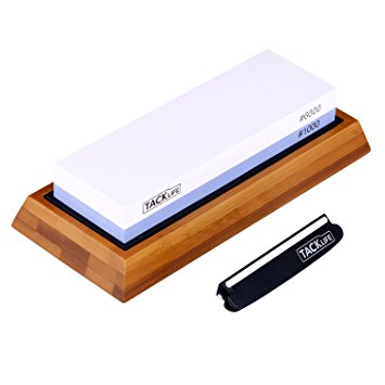 Tacklife Knife Sharpening Stone Double-Sided, 1000 / 6000 Grits with Non-Slip Bamboo Base and Rubber Base, Angle Guide - High Qualified White Corundum Waterstone - HSS1A