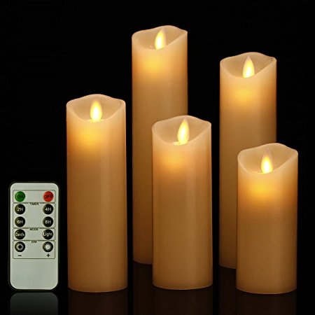 Bingolife Flameless Candles 5" 6" 7" 8" 9" Classic Pillar Real Wax Dancing Flame with 10-key Remote Control - 2/4/6/8 Hours Timer - Set of 5 (Ivory)