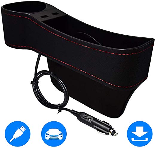 Car Seat Gap Organizer, Multifunctional with Dual USB Charging, Cup Holder, Leather Storage Box, Universal Fit (Driver Side)