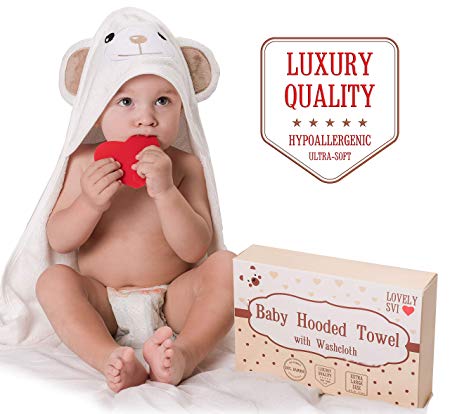 Baby Hooded Towel — Hypoallergenic Thick X-Large Ultra Soft 100% Bamboo Baby Bath Towel — Bonus: Washcloth and Greeting Card