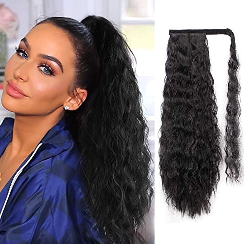 Alimice Wavy Ponytail Extension for Women Black Synthetic Magic Paste Ponytail 21 Inch Long Wave Drawstring Ponytail Extensions Curly Wavy Heat Resistant Hairpieces (21inch, 1#)