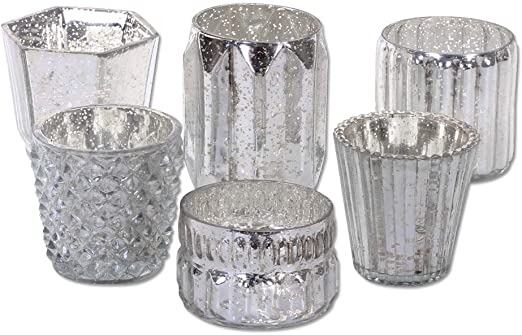 Koyal Wholesale Mixed Silver Mercury Glass Candle Holders, 6-Pack, Mismatched Candle Holders for Candle Votives, Assorted Modern Geometric Decor, Quinceanera, Bridal Shower, Baby Shower
