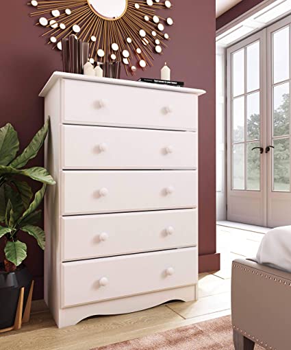 Palace Imports 100% Solid Wood 5-Drawer Chest, White, 32”w x 44.5”h x 17”d. Metal Antique Brass Knobs Sold Separately. Requires Assembly