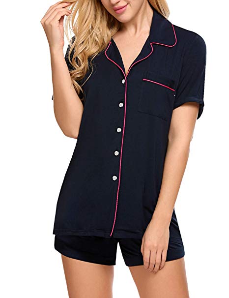 Skylin Women Elegant Short (Full Length) Sleepwear 2 Piece Shirt Button-Down Pajama Set XS-XXL