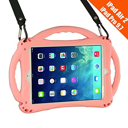 [2017 Newest Design]iPad Air 2 Case For Kids,TopEs Shockproof Silicone Handle Stand Case Cover&(Tempered Glass Screen Protector) For iPad Air 2 and iPad Pro 9.7 (Pink)