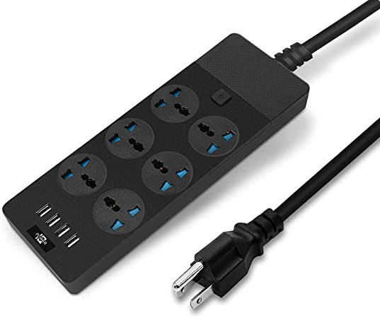 MAOZUA Universal Power Strip with 6 Oulets and 4 USB, 6.5ft Extension Cord 3000W Universal Power Strip Surge Protector 110V-250V Extension Lead for Home Office Dorm Room