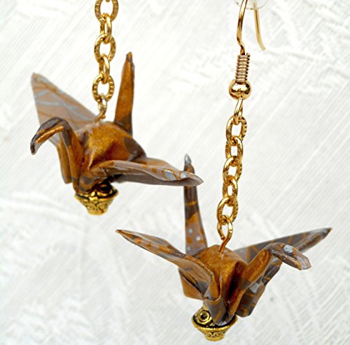 Origami Good Luck Paper Cranes Light Weight Earrings, Taupe & Gold Color, Xmas 1st Anniversary Gift