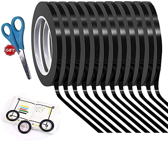 12 Pack Graphic Art Thin Tape 1/8 Inch Wide X 216 Ft Long,Self-Adhesive Whiteboards Dry Erase Line Gridding Tape (Black)