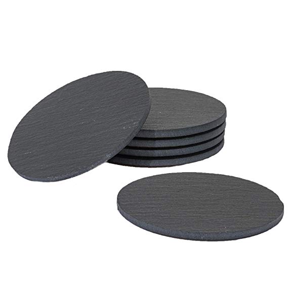 Sona Home Functional Slate Coasters (Set of 6) | Round Black Coasters With Absorbent Top Surface & Non-slip Cork Bottom | Premium Stone Coasters for All Types of Glasses & Mugs | 11cm/4.3"