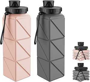 Collapsible Water Bottles, BPA-Free Leak-Proof Silicone Foldable Water Bottle Cup, Durable Lightweight Bottle for Gym Travel Camping Hiking Running Sport,2Pack(Gray Pink)
