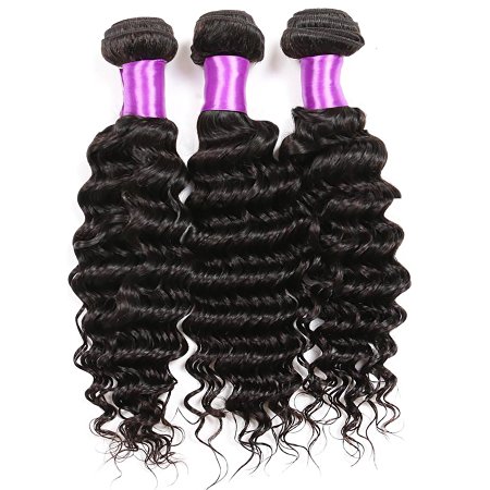 Golden Rule Hair 3 Bundles Virgin Brazilian Hair Deep Wave Human Hair Extensions Unprocessed Human Hair Weave Natural Color Can Be Dyed and Bleached (12 14 16)