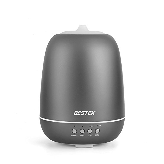 BESTEK 350ml Aromatherapy Essential Oil Diffuser Ultrasonic Cool Mist Humidifier with 360 ° Rotating Spraying and Changing Colored LED Lights, Waterless Auto Shut-off and Adjustable Mist Mode,Gray