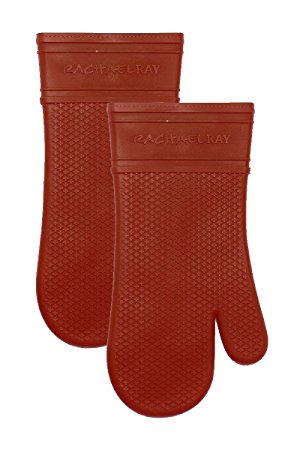 Rachael Ray Silicone Kitchen Oven Mitt with Quilted Cotton Liner, Brick Red 2pk