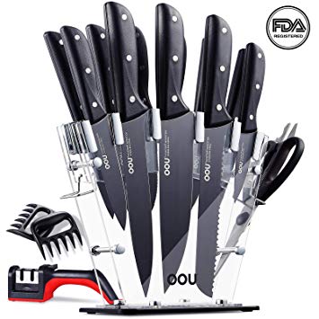 OOU Pro Kitchen Knife Set, 15 Pieces High Carbon Stainless Steel Chef Knives with Acrylic Stand, Full Tang Blade & Ergonomic Handle, Scissors, 6 Steak Knives, Bonus Knife Sharpener and Bear Claws Paws