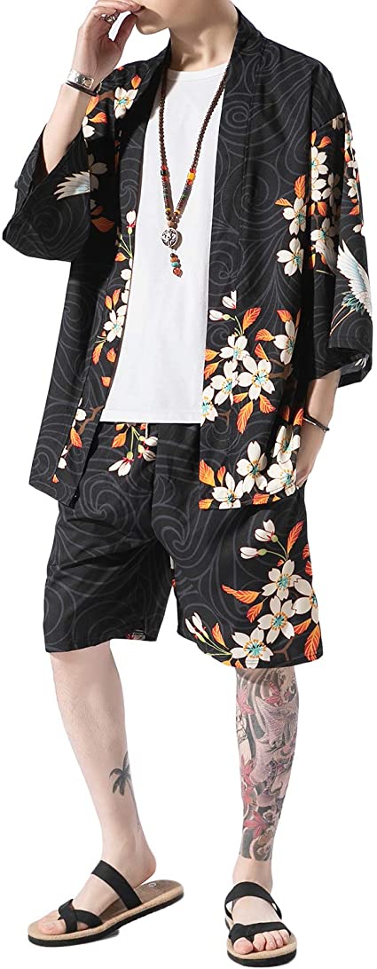 PRIJOUHE Men's Japanese Style Kimono Tops Pants Sets Lightweight Casual Seven Sleeves Open Front Cardigan & Shorts