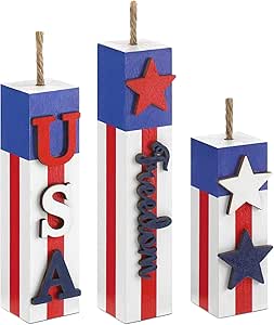 Amyhill 3 Pcs 4th of July Wooden Table Decorations Patriotic Table Centerpieces Independence Day Wood Firework Fourth of July Table Signs for Home Farmhouse Decor(Stripes)